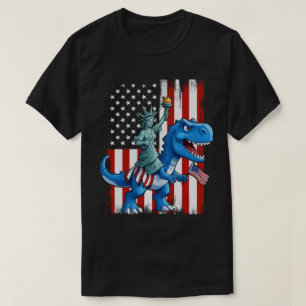 Dinosaur Statue Liberty 4th Of July American Flag T-Shirt