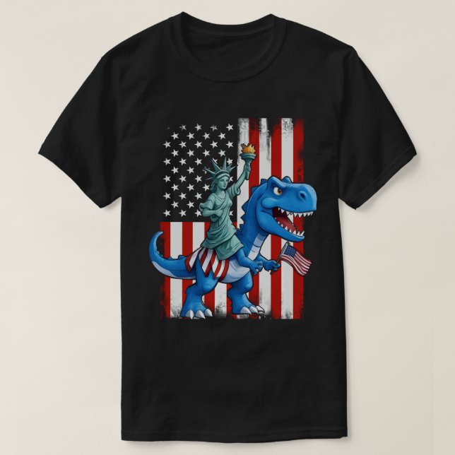 Dinosaur Statue Liberty 4th Of July American Flag T-Shirt (Design Front)