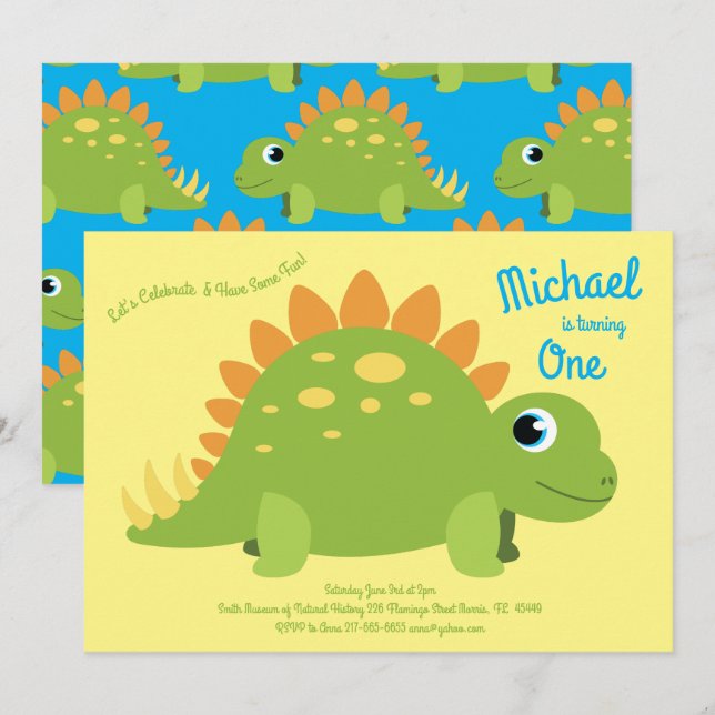Dinosaur Stegosaurus Kids 1st Birthday Dino Party Invitation (Front/Back)
