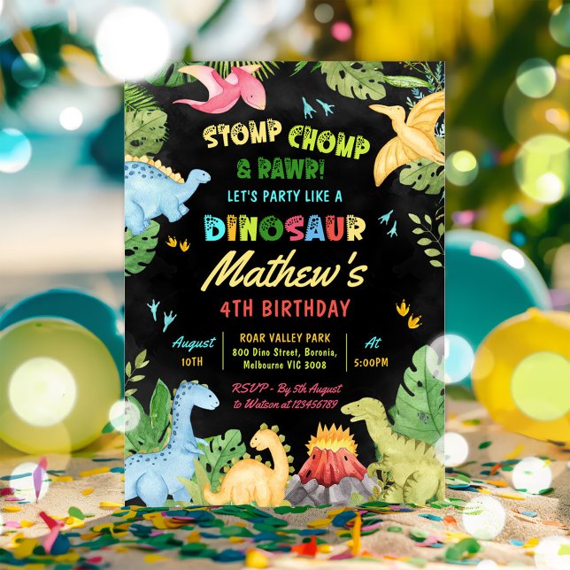 Dinosaur Stomp Chomp And Rawr T-Rex Birthday Party Invitation (Creator Uploaded)