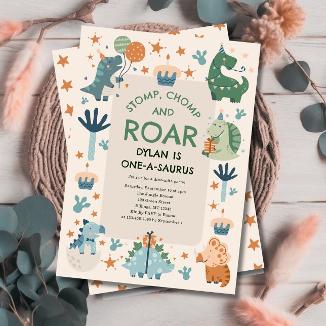 Dinosaur Stomp Chomp and Roar First Birthday  Invitation (Creator Uploaded)