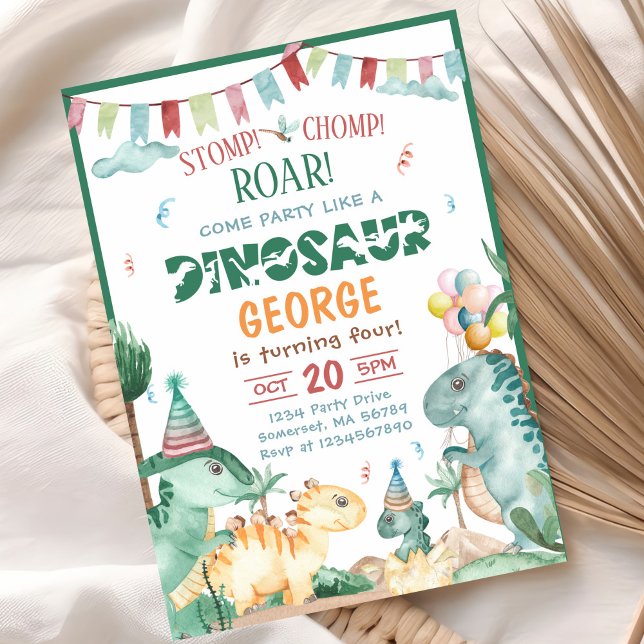 Dinosaur Stomp Chomp And Roar T-Rex Birthday Party Invitation (Creator Uploaded)