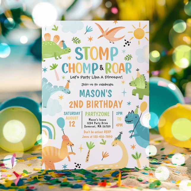Dinosaur Stomp Chomp And Roar T-Rex Birthday Party Invitation (Creator Uploaded)