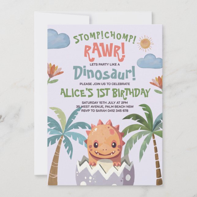 Dinosaur Stomp Chomp Rawr 1st Birthday Party Boy Invitation (Front)