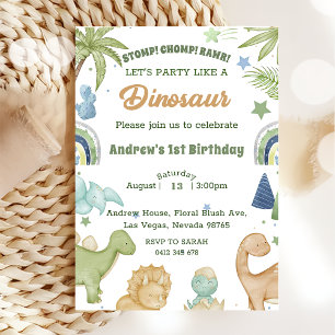 Dinosaur Stomp Chomp Rawr 1st Birthday Party Boy Invitation