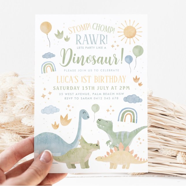 Dinosaur Stomp Chomp Rawr 1st Birthday Party Boy Invitation (Creator Uploaded)
