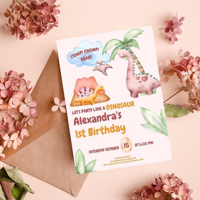 Dinosaur Stomp Chomp Rawr 1st Birthday Party girl Invitation (Creator Uploaded)