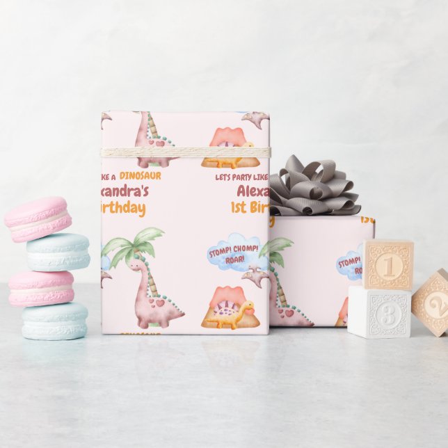 Dinosaur Stomp Chomp Rawr 1st Birthday Party girl Wrapping Paper (Baby Shower)