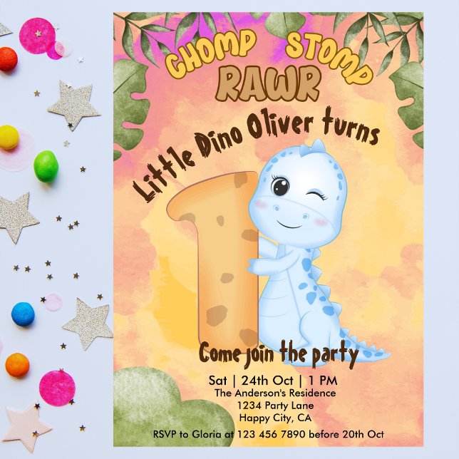 Dinosaur Stomp Chomp Rawr 1st birthday party  Invitation (Creator Uploaded)