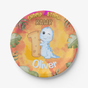 Dinosaur Stomp Chomp Rawr 1st birthday party Paper Plate