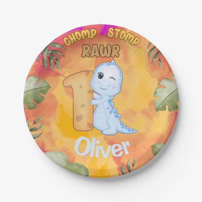 Dinosaur Stomp Chomp Rawr 1st birthday party Paper Plate (Front)