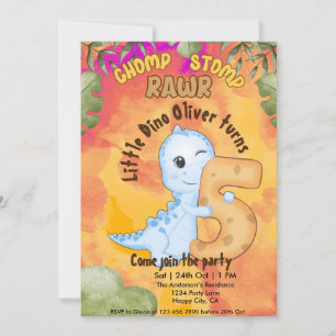 Dinosaur Stomp Chomp Rawr 5th birthday party Invitation