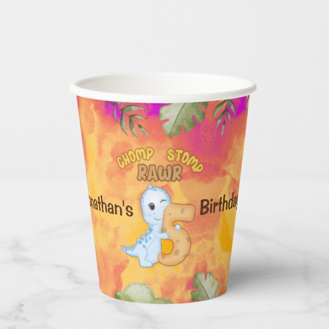 Dinosaur Stomp Chomp Rawr 5th birthday party Paper Cups (Front)