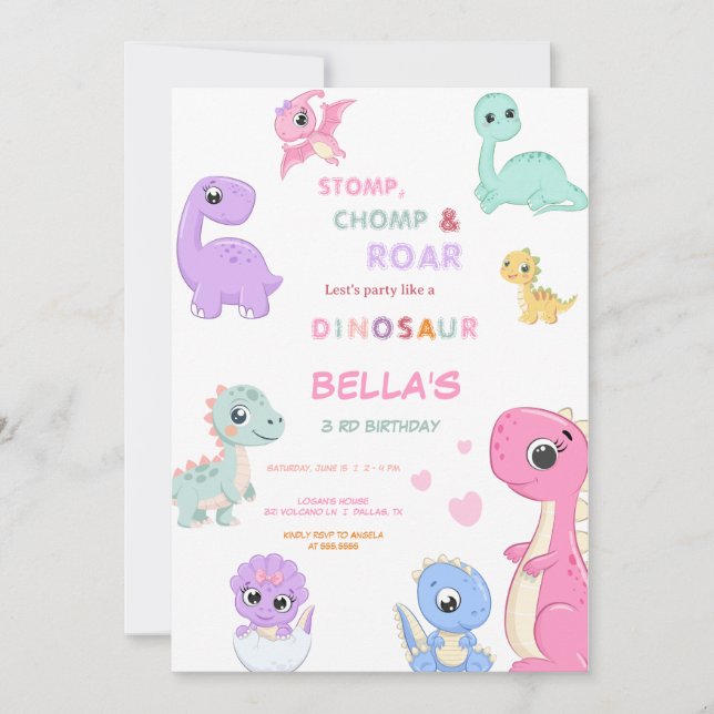 Dinosaur Stomp Chomp Rawr Birthday GIRL Party  Invitation (Front)