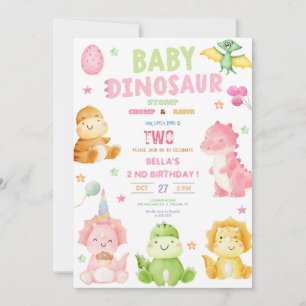 Dinosaur Stomp Chomp Rawr Birthday Party Girl Invitation