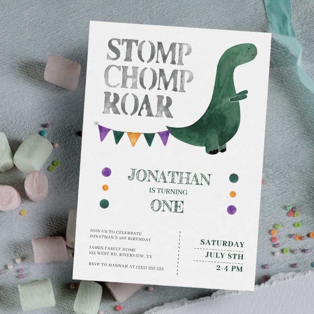 Dinosaur Stomp Chomp Roar 1st Birthday Party Invitation (Creator Uploaded)