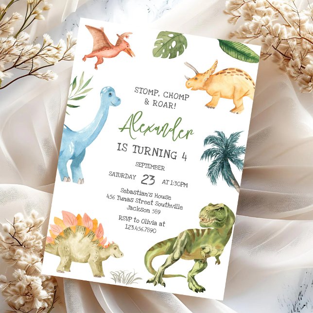 Dinosaur Stomp Chomp Roar Birthday Party Invitation (Creator Uploaded)
