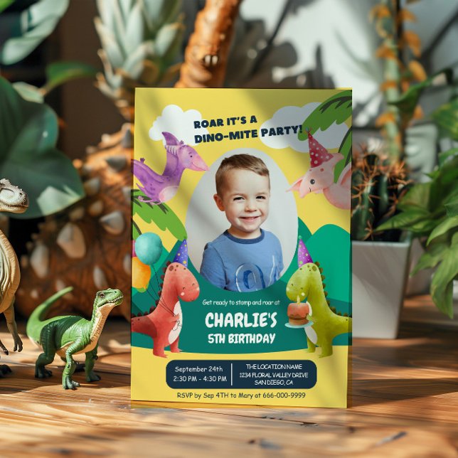 Dinosaur Stomp Chomp Roar Birthday Party Photo Invitation (Dinosaur Birthday Party Invitation with photo)