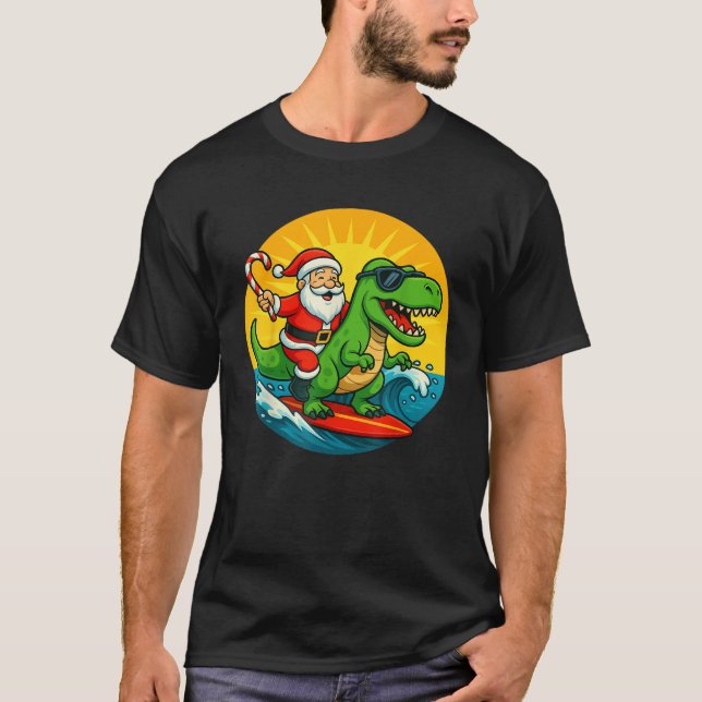 Dinosaur Surfs with Santa Kids Christmas in July H T-Shirt (Front)
