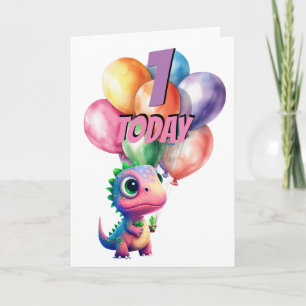 Dinosaur t Rex 1 TODAY PINK Birthday Balloons Card