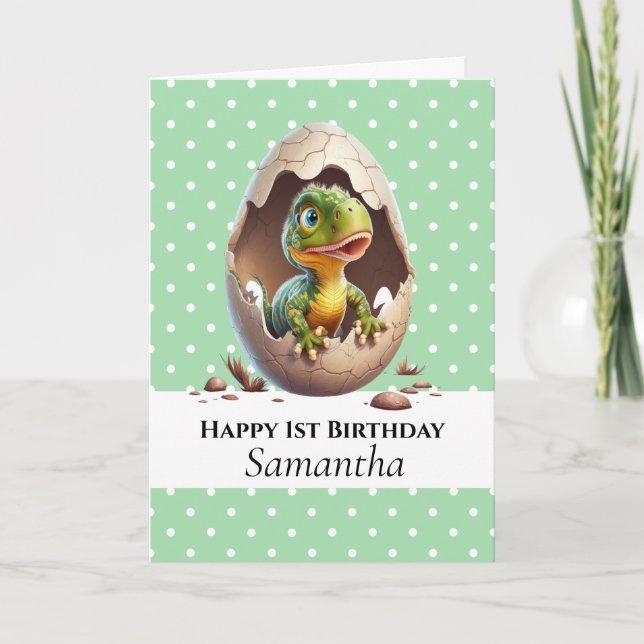Dinosaur T Rex 1st Birthday Green Baby Card (Front)