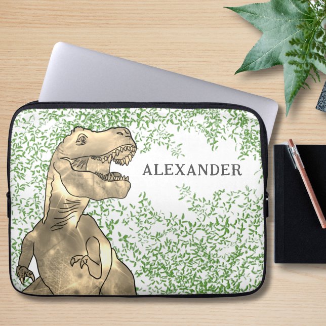 Dinosaur T-Rex add Name Laptop Sleeve (Dinosaur T-Rex Roar Jurassic jungle custom name laptop sleeve)