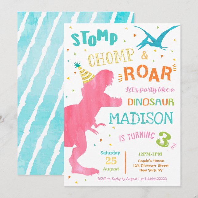 Dinosaur T-Rex Birthday Party Invitations for girl (Front/Back)