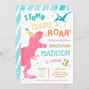 Dinosaur T-Rex Birthday Party Invitations for girl
