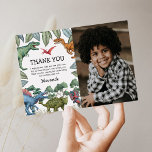 Dinosaur T-Rex Birthday Photo Thank You Card<br><div class="desc">Jurassic birthday thank you card featuring a plain black backdrop,  a sweet photo of your child,  jungle green foliage,  a collection of watercolor dinosaurs,  and a modern personalised thank you template that is easy to customise.</div>