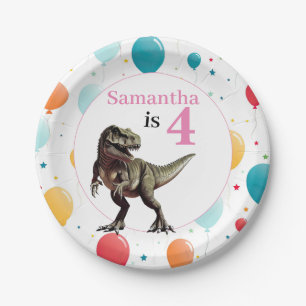 Dinosaur T Rex Birthday Pink Paper Plate