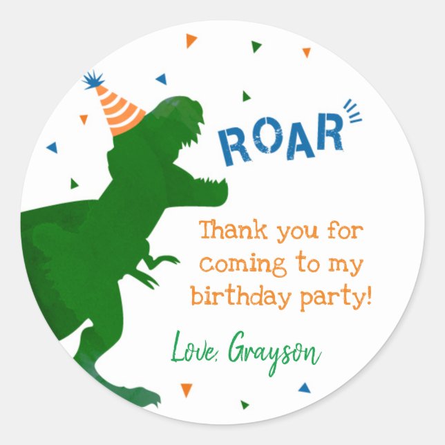 Dinosaur T-rex Birthday Thank You Stickers Labels  (Front)