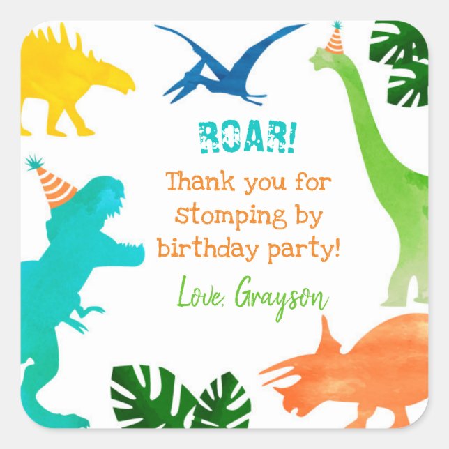 Dinosaur T-rex Birthday Thank You Stickers Labels  (Front)