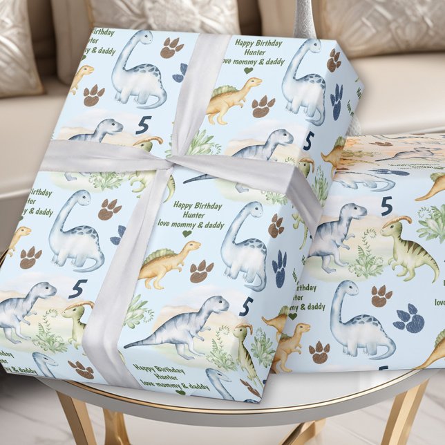 Dinosaur T rex Blue Boy Birthday Name Wrapping Paper (Dinosaur T rex Blue Boy Birthday Name Wrapping Paper)