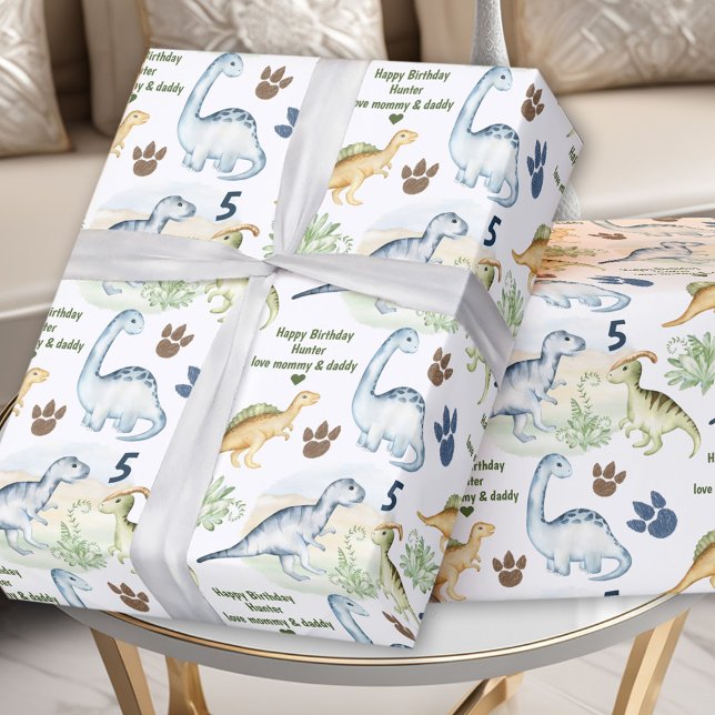 Dinosaur T rex Boy Birthday Name Text Wrapping Paper (Dinosaur T rex Boy Birthday Name Text Wrapping Paper)