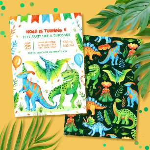 Dinosaur T rex Boys Birthday Party Watercolor Invitation