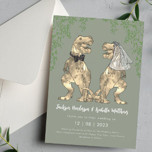 Dinosaur T-Rex Bride & Groom Sage Green Wedding Invitation