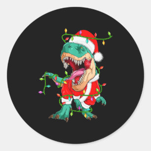 Dinosaur T-rex Christmas Lights Funny Santa Cute A Classic Round Sticker