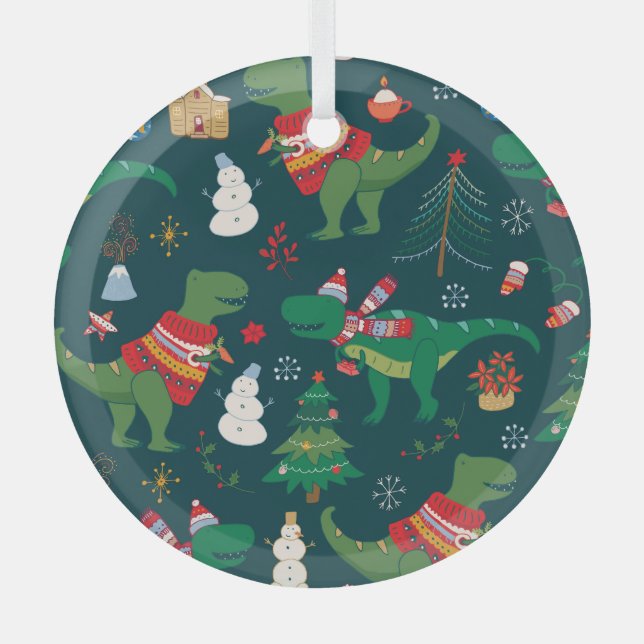 Dinosaur T-Rex: Christmas New Year. Glass Tree Decoration (Front)