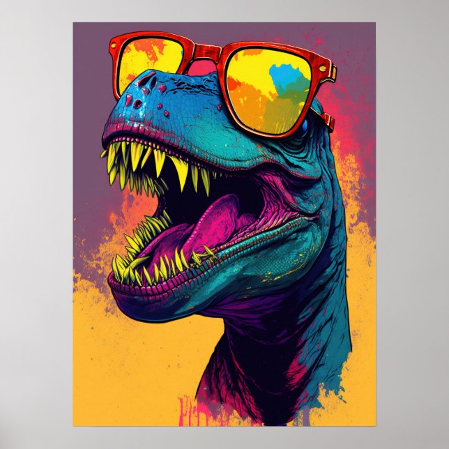 Dinosaur T Rex Cool Orange Blue Poster (Front)