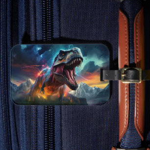 Dinosaur T-Rex Dino Stormy Mountains Luggage Tag
