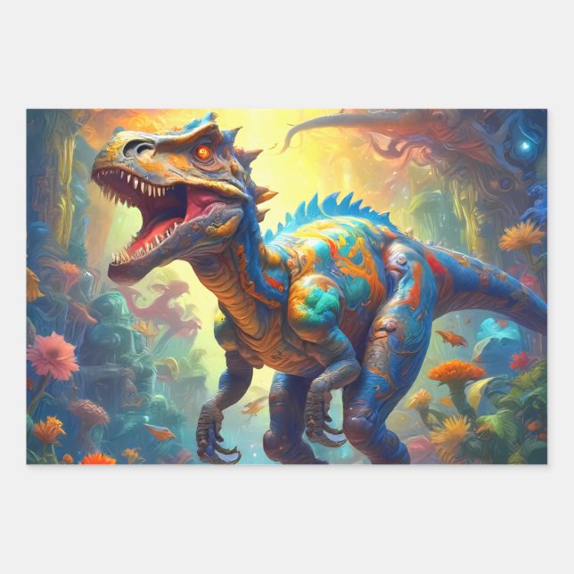 Dinosaur T-Rex Fantasy World  Wrapping Paper Sheet (Front)