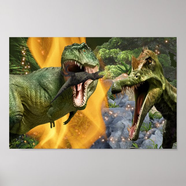 Dinosaur T-rex fighting flames boys Dino theme Poster (Front)