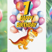 Dinosaur T Rex Gold 1st  Birthday Balloons Card