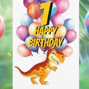 Dinosaur T Rex Gold 1st  Birthday Balloons Card