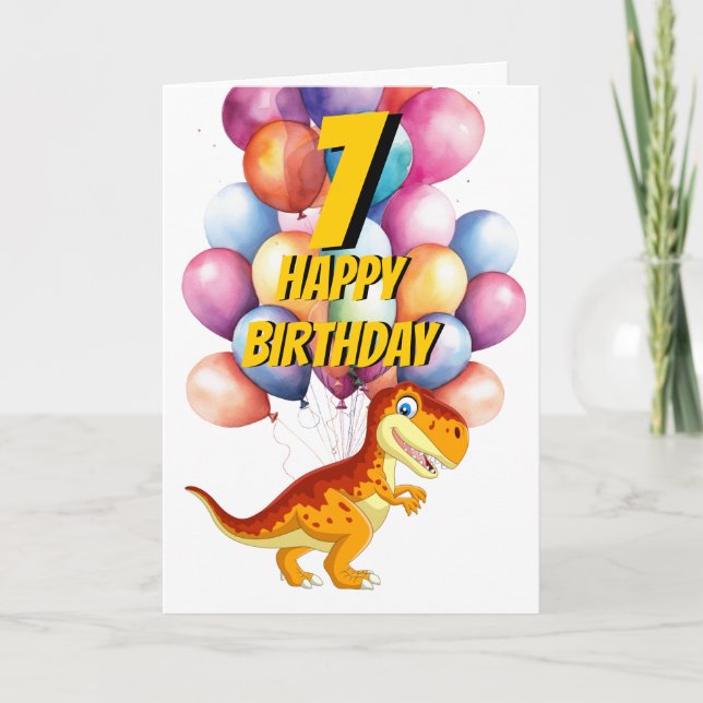 Dinosaur T Rex Gold 7th  Birthday Balloons Card (Front)