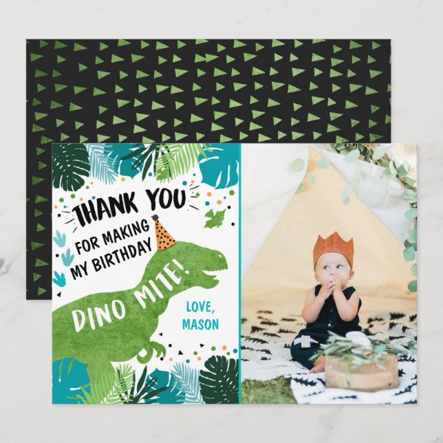 Dinosaur T-Rex Green Boy Birthday Thank You Card  (Front/Back)
