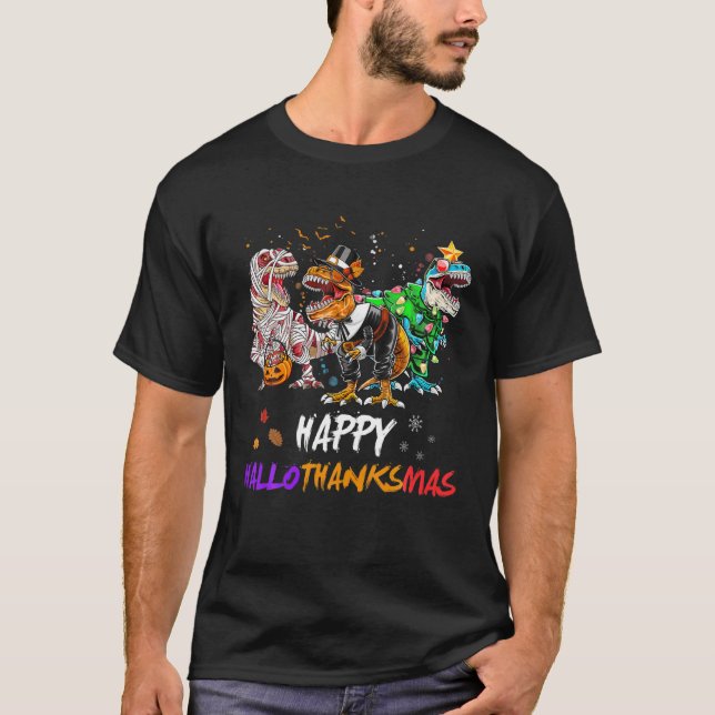 Dinosaur T Rex Happy Hallothanksmas Halloween Kids T-Shirt (Front)
