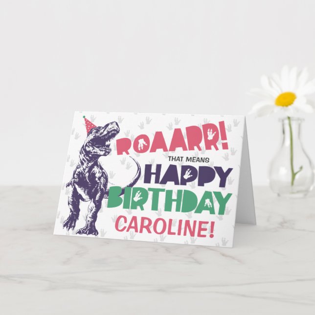 Dinosaur T-Rex in a Party Hat Pink Happy Birthday Card (Small Plant)