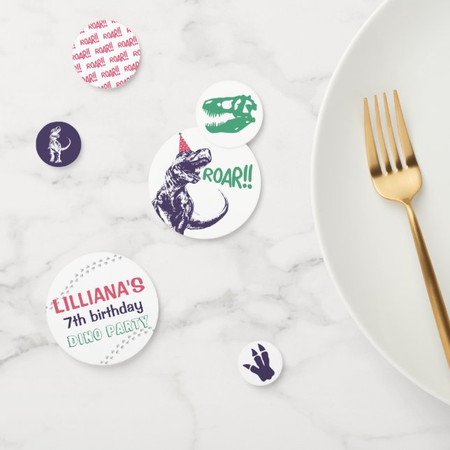 Dinosaur T-Rex in Party Hat Pink & Purple Birthday Confetti (Group)