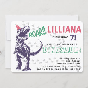 Dinosaur T-Rex in Party Hat Pink & Purple Birthday Invitation